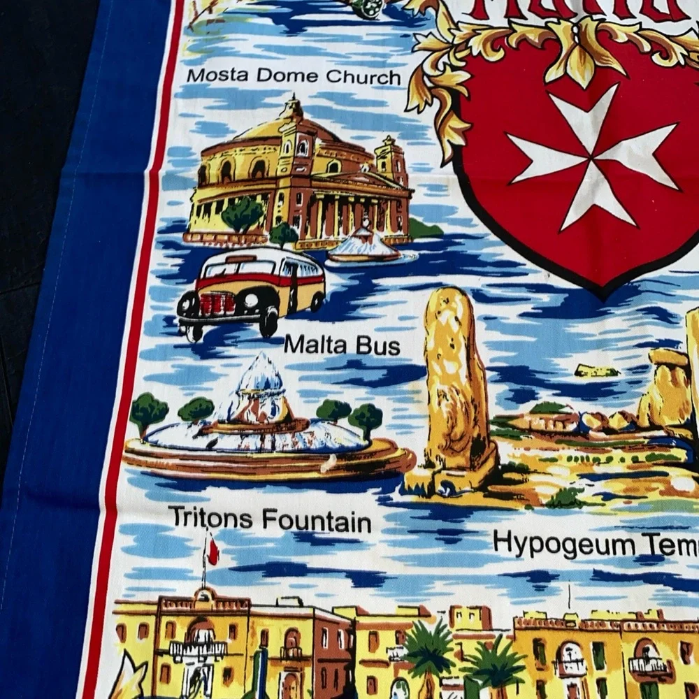 Vintage cricket Tea Towel Souvenir MALTA Landmarks‎